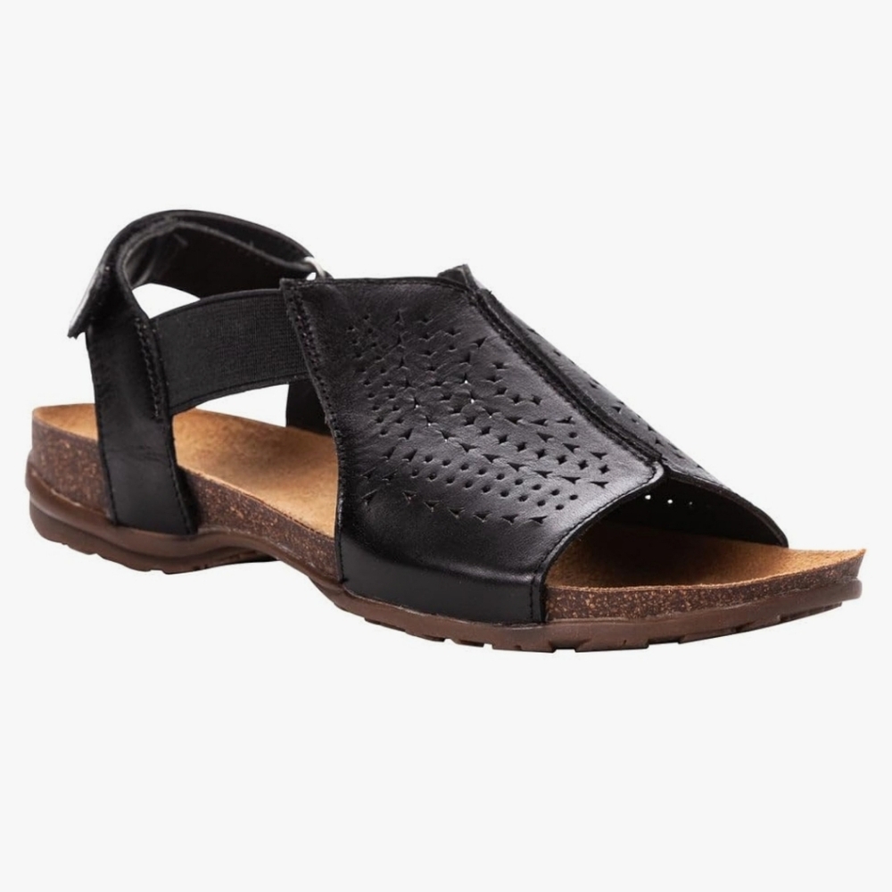 Propet Womans Black Feya Sandal Size 8 Leather Lazer Cut Strappy Comfy